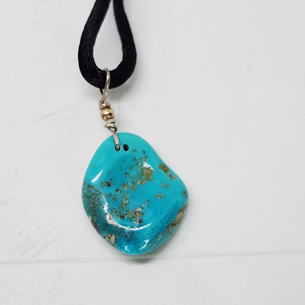Vintage Native American Turquoise Nugget Pendant On Cord Sterling Clasp Necklace